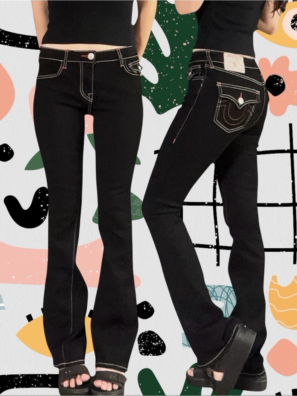 True Religion | Becca Mid Rise Bootcut Black Jeans With Red & White Stitching